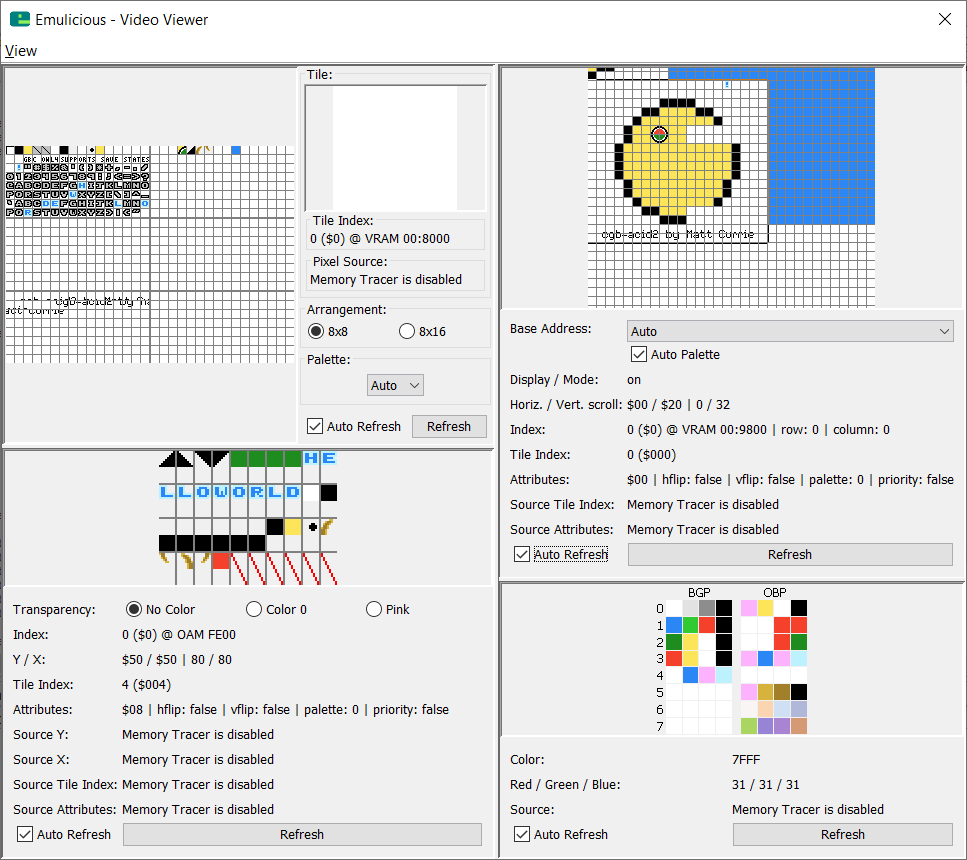 emulicious emulator VRAM Viewer. Showing the tiles, tilemaps, sprites, and color palettes